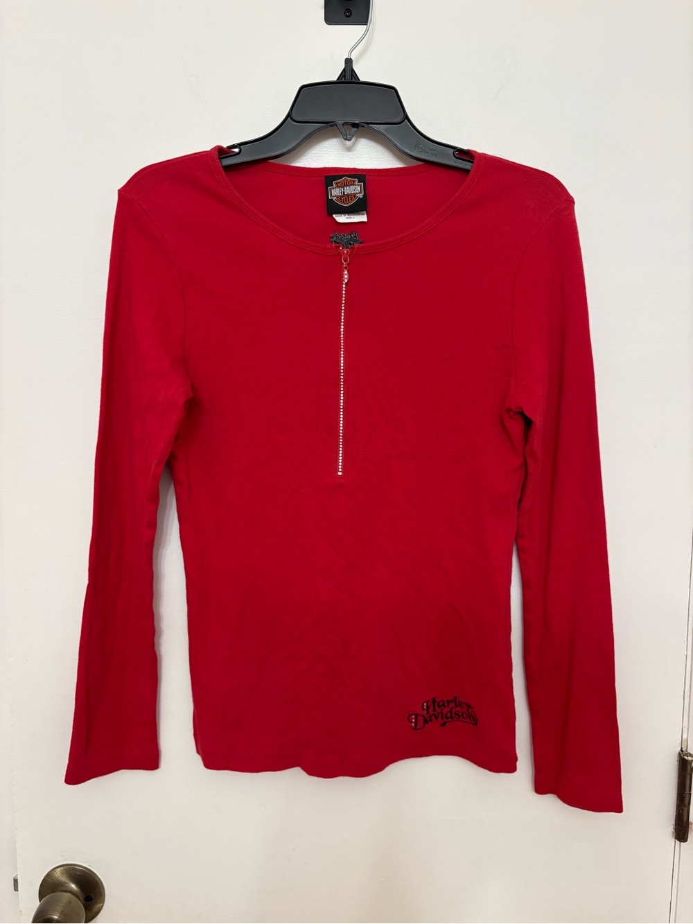 Harley Davidson Womens L Red Quarter Zip Rhinestone Shirt Eagle Lafayette